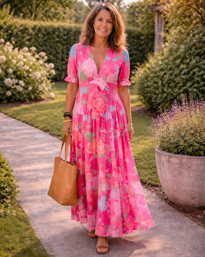 Ione | Vestido midi sin mangas con estampado floral y escote en V