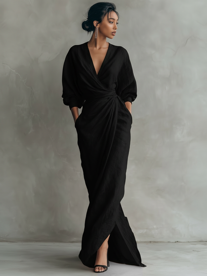 Sandra -  Minimalistisches Maxi-Kleid mit V-Ausschnitt