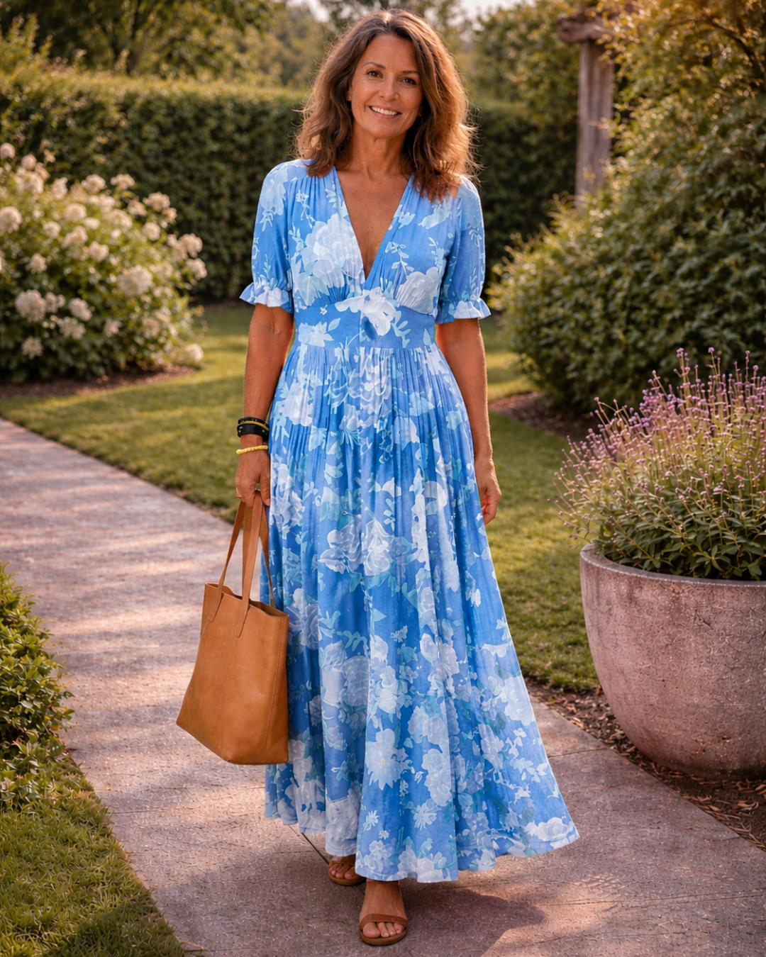 Ione | Vestido midi sin mangas con estampado floral y escote en V